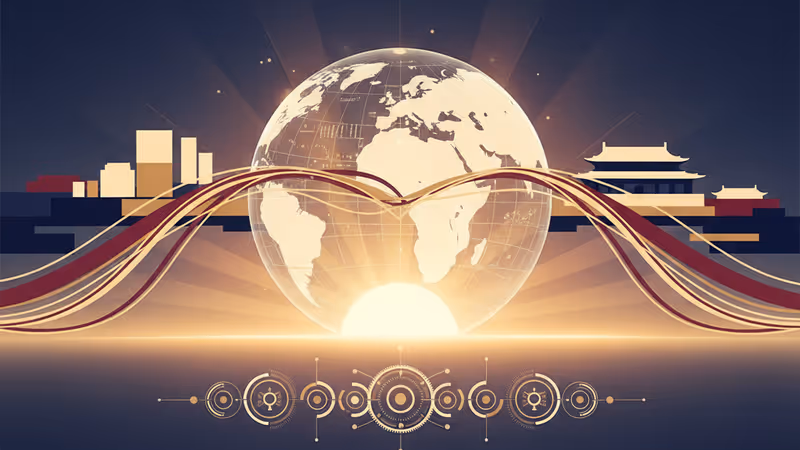 米中フラッグを背景にした最新鋭AI半導体チップのイメージ