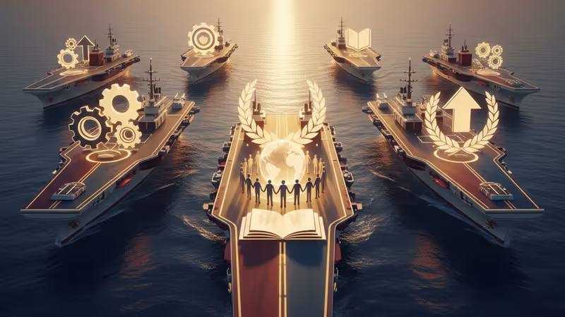 Aerial view of a naval fleet in the Pacific Ocean