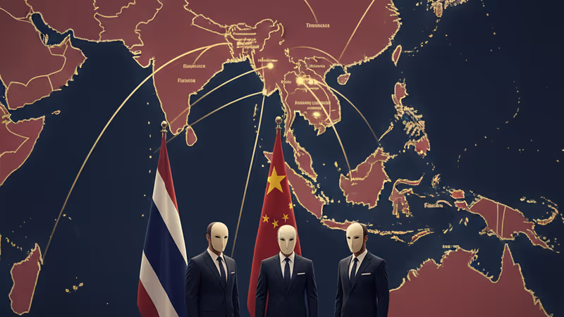 Diplomatic meeting room with Chinese, Thai and Cambodian flags.