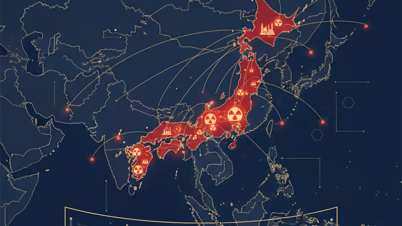藍光閃爍的核子反應爐核心，側面帶有中國與日本國旗的抽象剪影