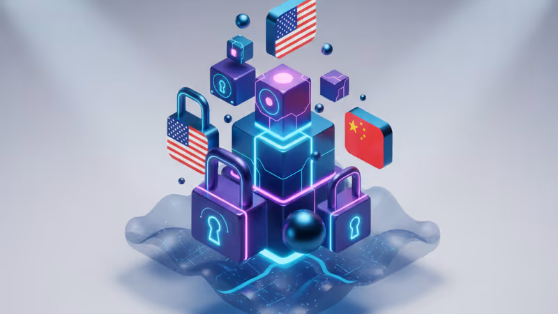 Digital locks over cloud icons representing China's software ban