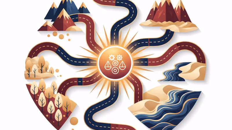 中国各地の異なる経済特性を象徴する抽象的な地図イメージ