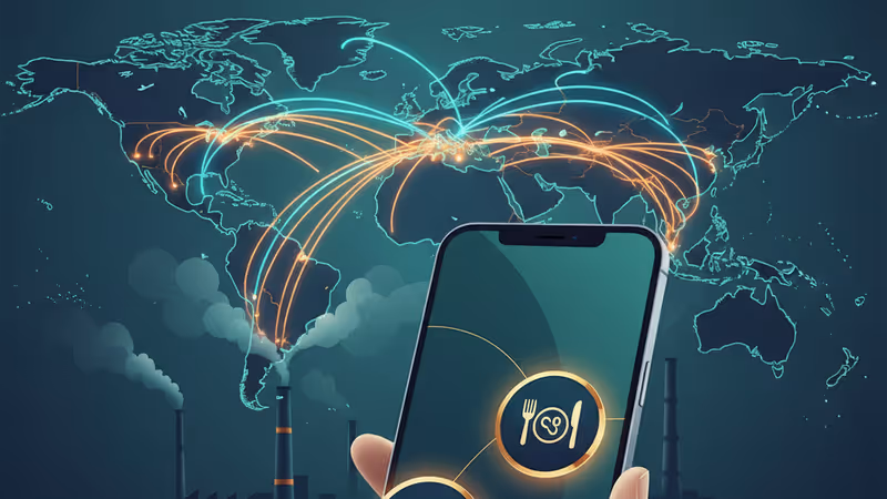 공장 톱니바퀴 대신 관광과 디지털 서비스 아이콘이 떠오르는 중국 도심 전경