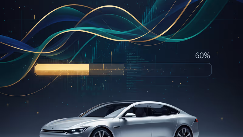 Sleek EV in a Chinese showroom with 60% data overlay