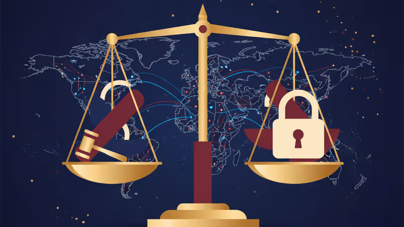 A digital map showing tech trade routes with a security lock icon over China