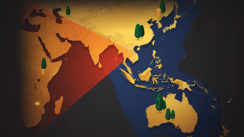 インド太平洋地域の地図上で、縮小する米国旗と広がる中国の投資ネットワークの象徴図