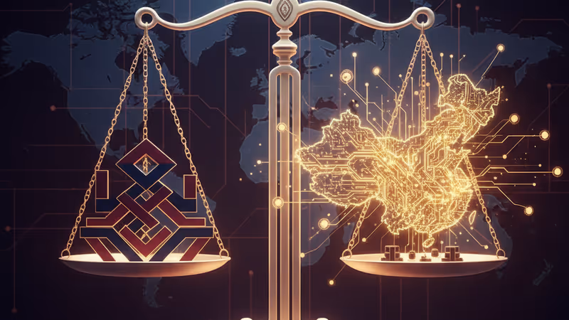 중국 주요 경제 권역을 연결하는 황금빛 디지털 회로 지도와 자본 흐름