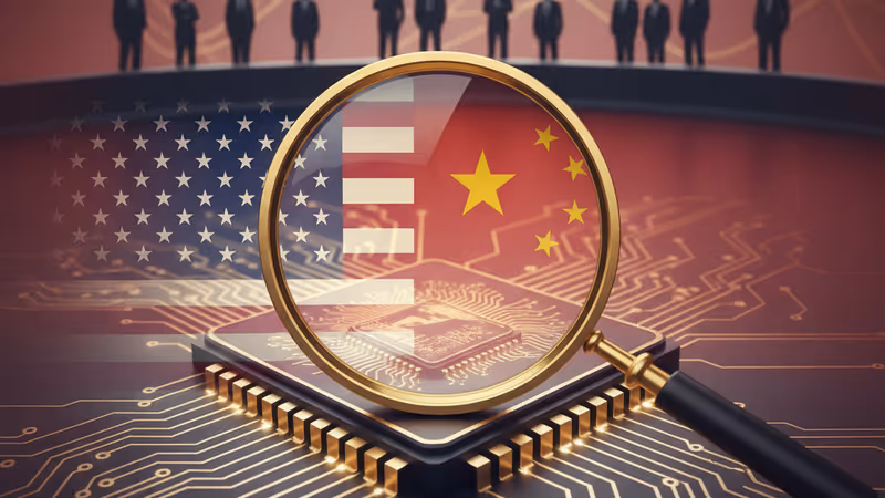 미국과 중국 사이의 기술적 긴장을 상징하는 균열된 세계 지도 형상