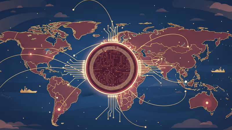 고요한 바다 위의 반도체 웨이퍼와 멀리 보이는 군함 실루엣