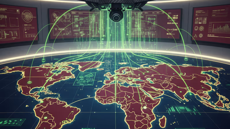 Futuristic military drone hovering over a digital hologram displaying tactical data.