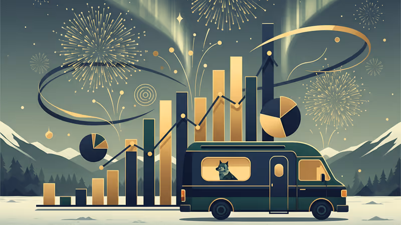 新疆の雪景色とキャンピングカーから外を眺める犬