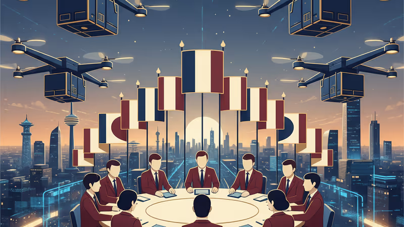 A fleet of drones flying over a Chinese city with digital flight paths