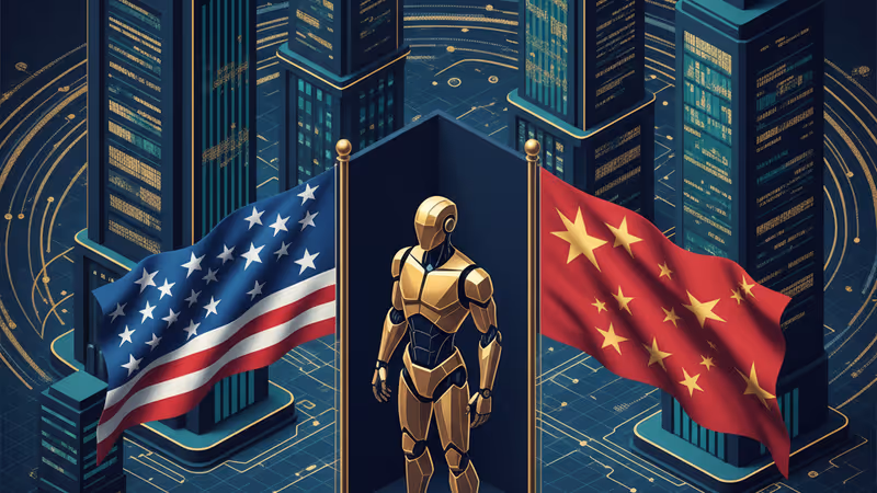 Meta 로고와 법봉이 겹쳐진 배경 위로 싱가포르와 베이징을 잇는 디지털 네트워크망