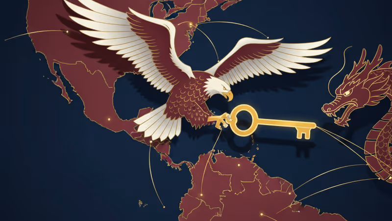 미국 독수리가 베네수엘라에서 열쇠를 낚아채는 것을 지켜보는 중국 용의 모습