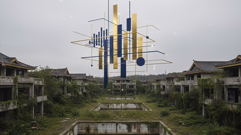 중국 시골 지역의 텅 빈 아파트 단지와 매각 안내판