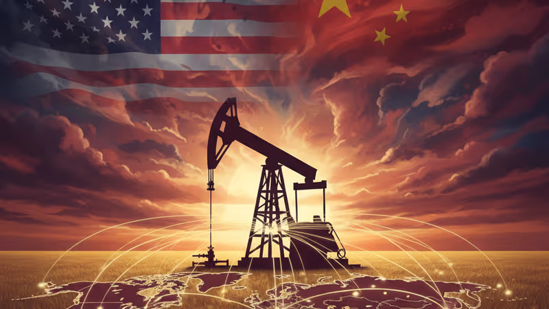 米中旗の間に浮かぶ石油の滴と世界地図