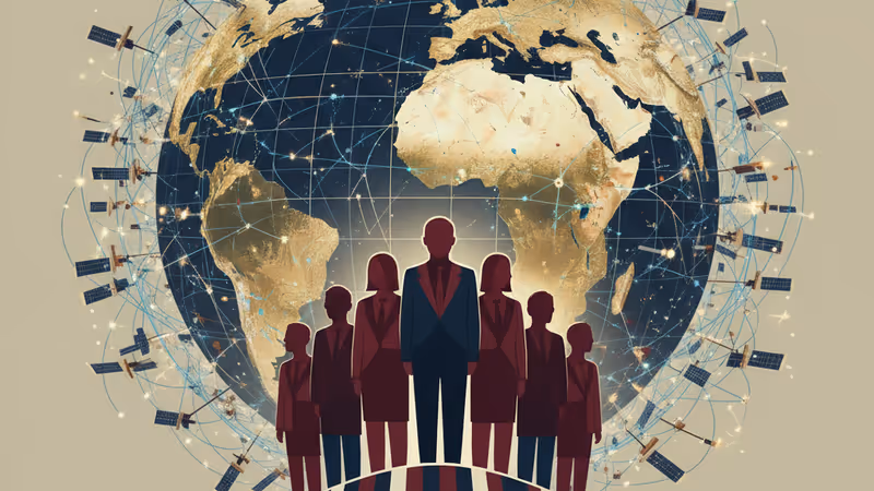 地球軌道上的衛星群與通訊網路示意圖