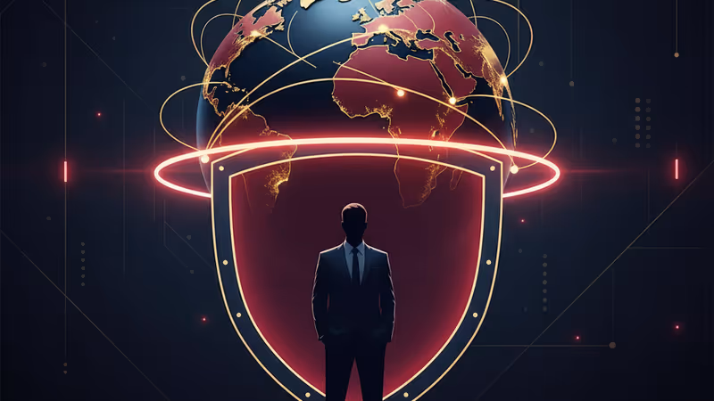 Digital security shield with a warning sign, representing defense tech security