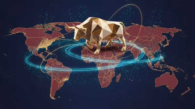 A digital bull figure walking steadily on a glowing financial chart