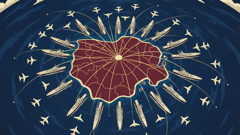 台湾島を包囲する軍艦と軍事演習のイメージ図