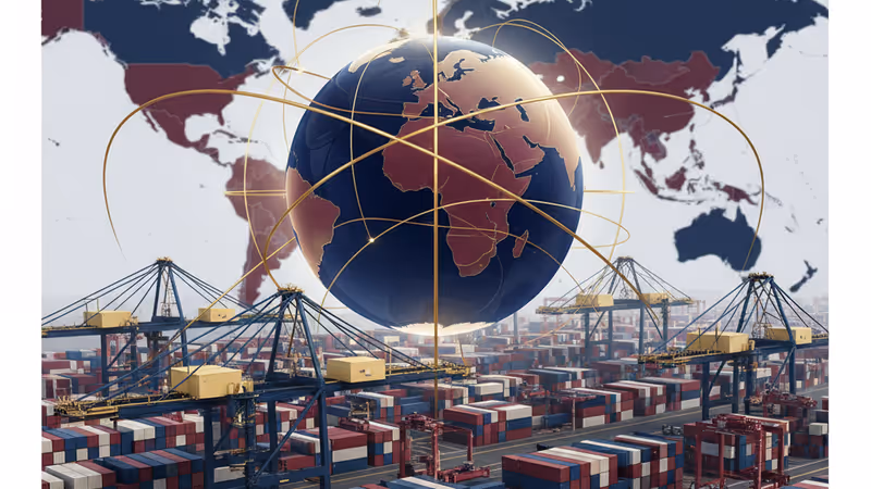 夕暮れ時に広がる中国の巨大な自動化コンテナターミナルとクレーン群