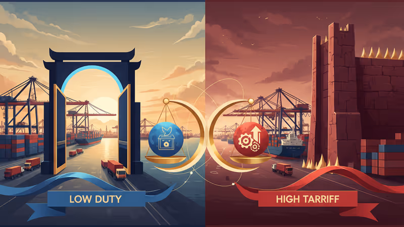 象徵中美貿易政策分歧的示意圖：一邊是關稅高牆，另一邊是開放的港口