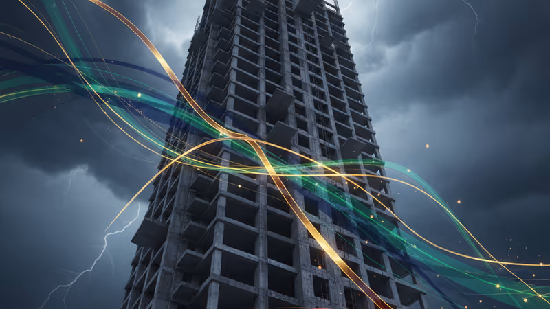 View of a halted Chinese apartment construction site under a stormy sky