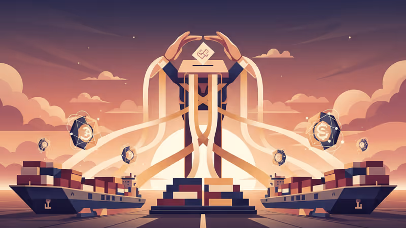 중국 항구의 화물선과 위안화 기호를 형상화한 그래픽