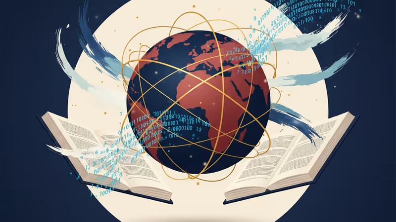 華裔作家在數位背景與書法交織的舞台上演講