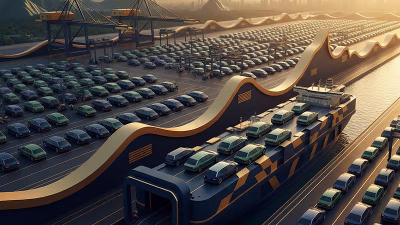 중국 항구에 선적을 기다리며 줄지어 선 수출용 전기차들