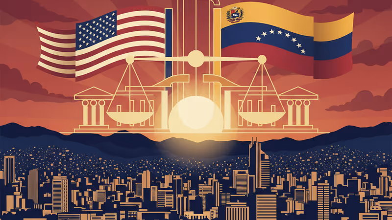 The skyline of Caracas with flags representing US-Venezuela relations.