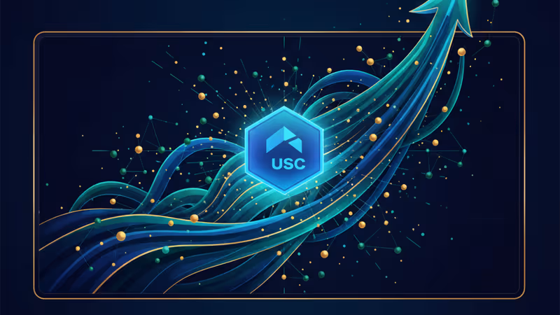 USDC 數位硬幣在科技金庫中發光的景象