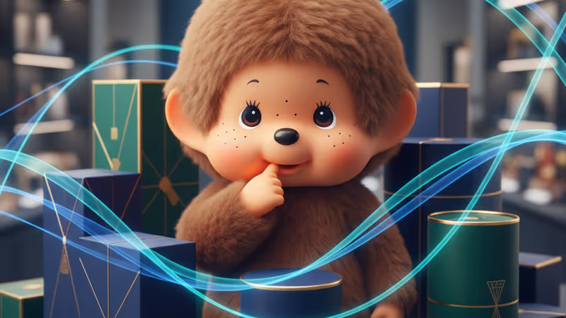 도쿄 매장에 진열된 다양한 의상의 몬치치 인형들