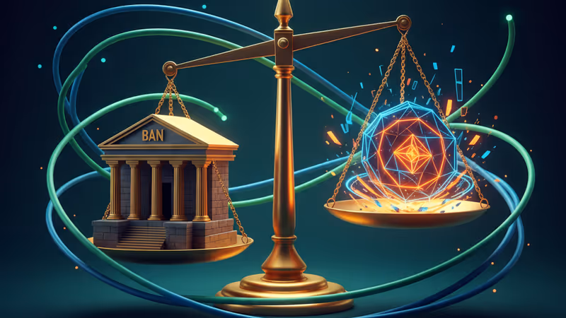 은행 건물과 가상자산 사이에서 기울어진 천칭