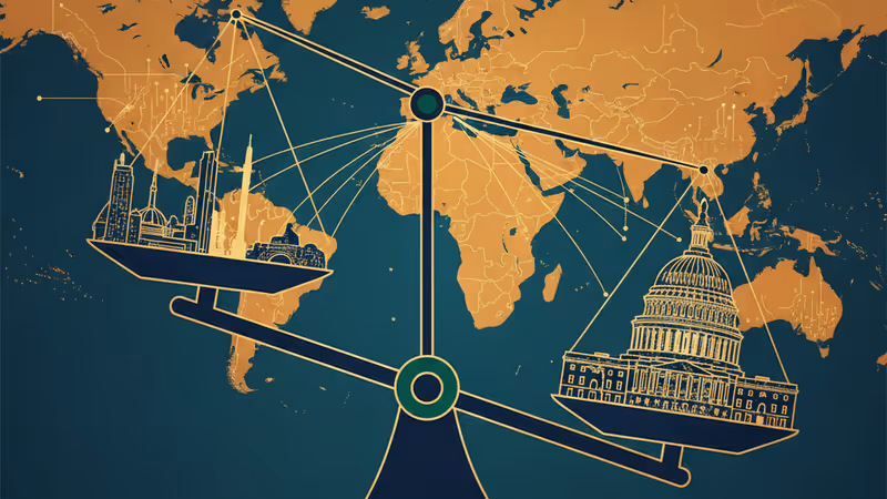A digital scale tipping towards circuit patterns against a US Capitol backdrop