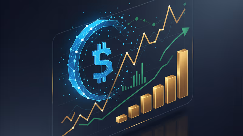 金融チャートと暗号通貨ロゴが浮かぶ未来的な取引画面