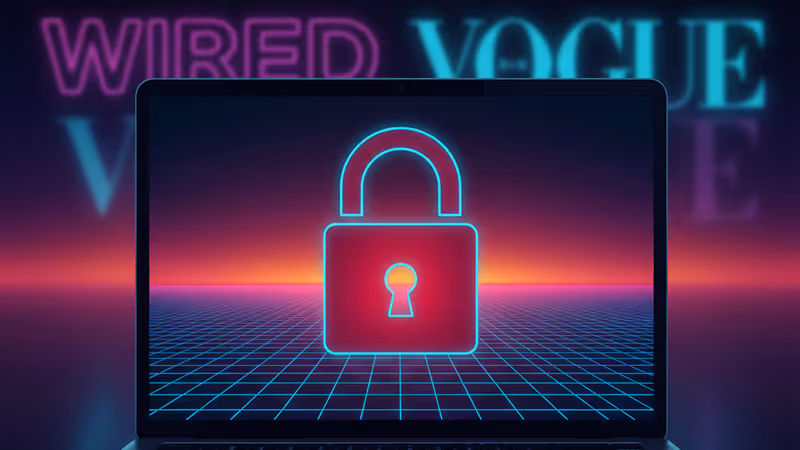 Hacked laptop screen with Wired and Vogue magazines in the background