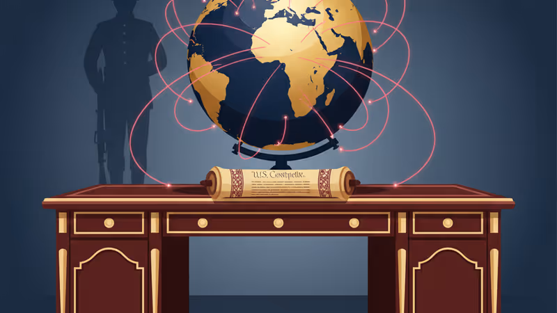 米国議会議事堂とベネズエラ国旗のシルエットを背景に、採決を象徴するハンマーのイメージ