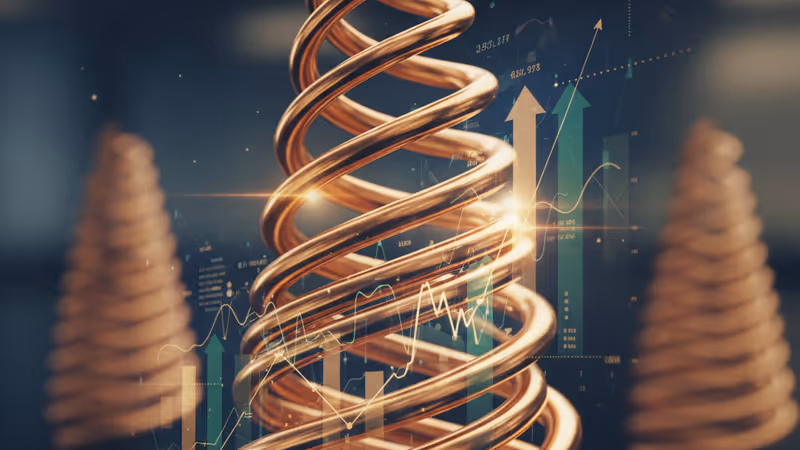 창고에 쌓인 구리 막대와 배경의 주가 차트