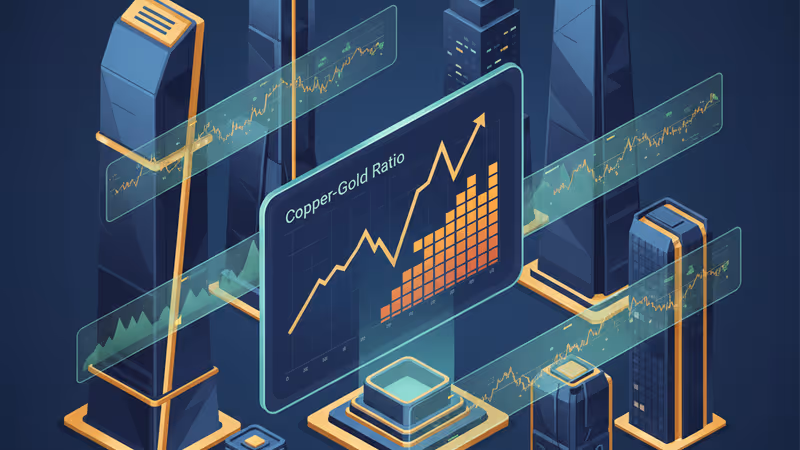 銅條與金條背景下的比特幣市場趨勢示意圖