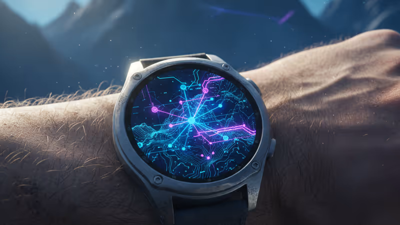 険しい山岳地帯を走るランナーとCoros Apex 4の接写