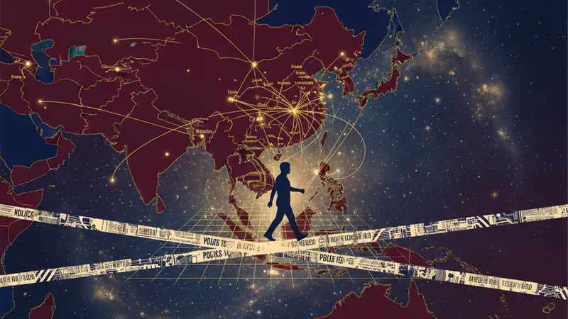 서울과 베이징 사이 디지털 데이터를 가로지르는 용의자의 실루엣