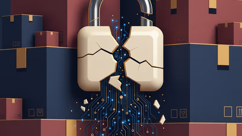 부서진 디지털 자물쇠와 쿠팡 택배 상자들이 놓인 청문회 배경 이미지