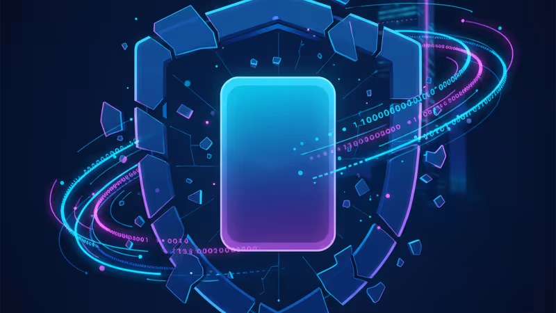 Digital security breach visualization with a broken shield and binary data flows
