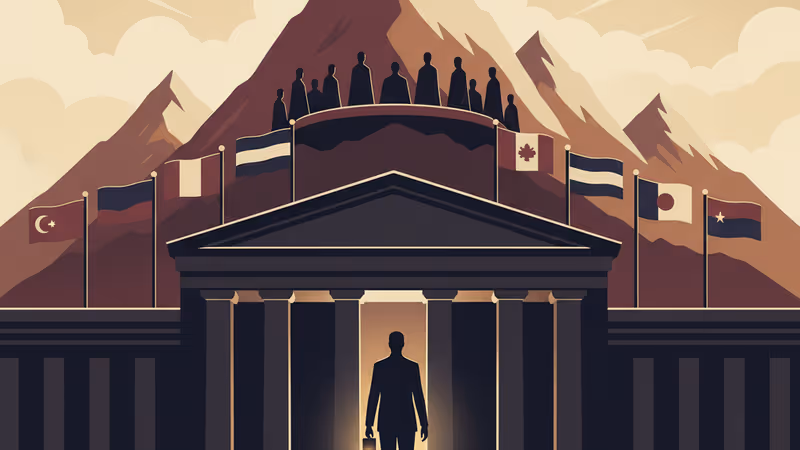 一名持有法律文件的研究人員站在政府大樓前的象徵圖