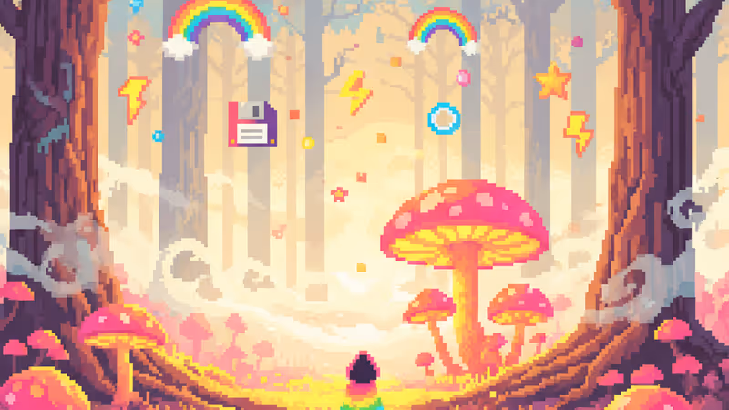 Mystical forest landscape with soft pastel tones and whimsical character illustration