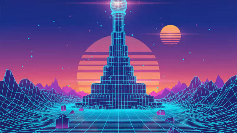 古いPCモニターに映し出されたソースコードとゲームの3Dグラフィックス