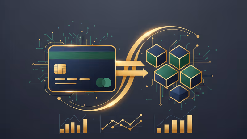 デジタル回路とブロックチェーンが融合するクレジットカードのイメージ