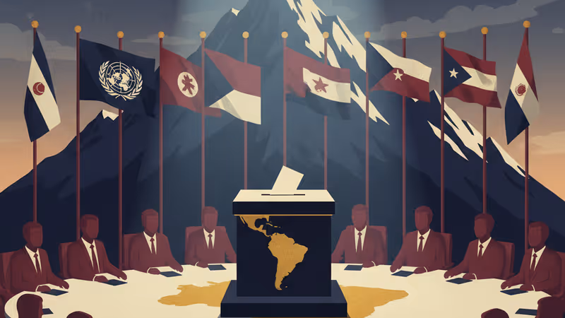 以南美洲地圖為背景，象徵治安警示的藍紅燈光與法槌的意象圖