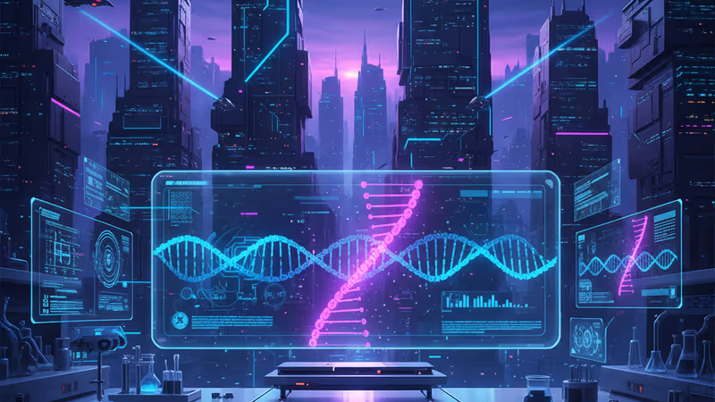 最新の遺伝子編集技術を象徴する、DNA鎖と高度な医療機器のイメージ図